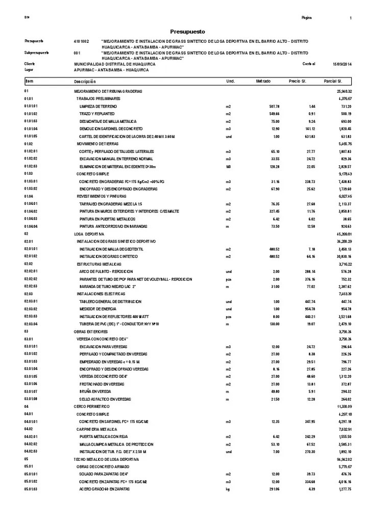 Presupuesto Losa Deportiva | PDF