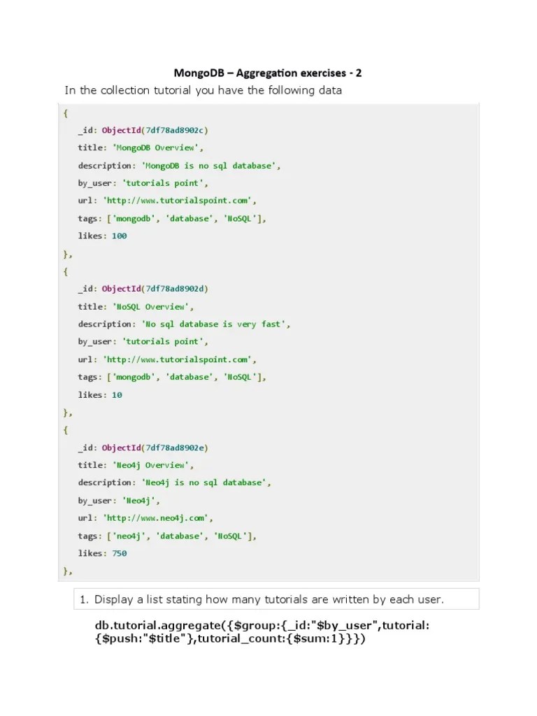 MongoDB Aggregate Exercise2 | PDF | Mongo Db | No Sql