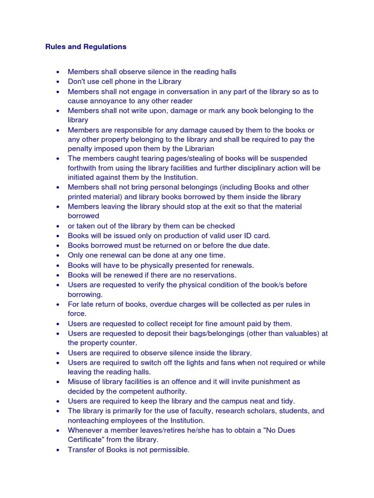 Rules And Regulations | PDF | Libraries | Books