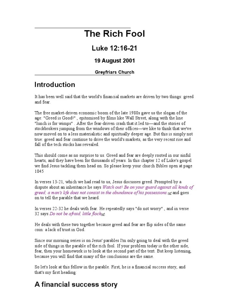 The Rich Fool | PDF | Eternal Life (Christianity) | Jesus