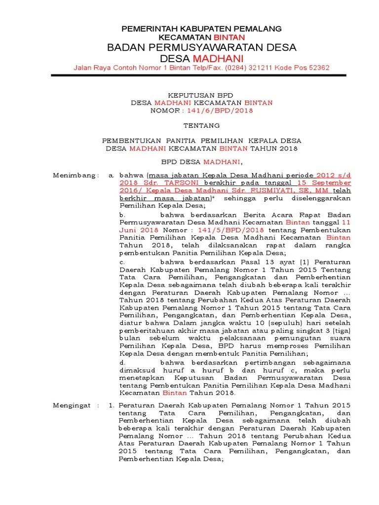 Laporan kepala desa (berita negara republik indonesia tahun 2016. Contoh Keputusan Bpd Pembentukan Panitia 2018 1 Pdf