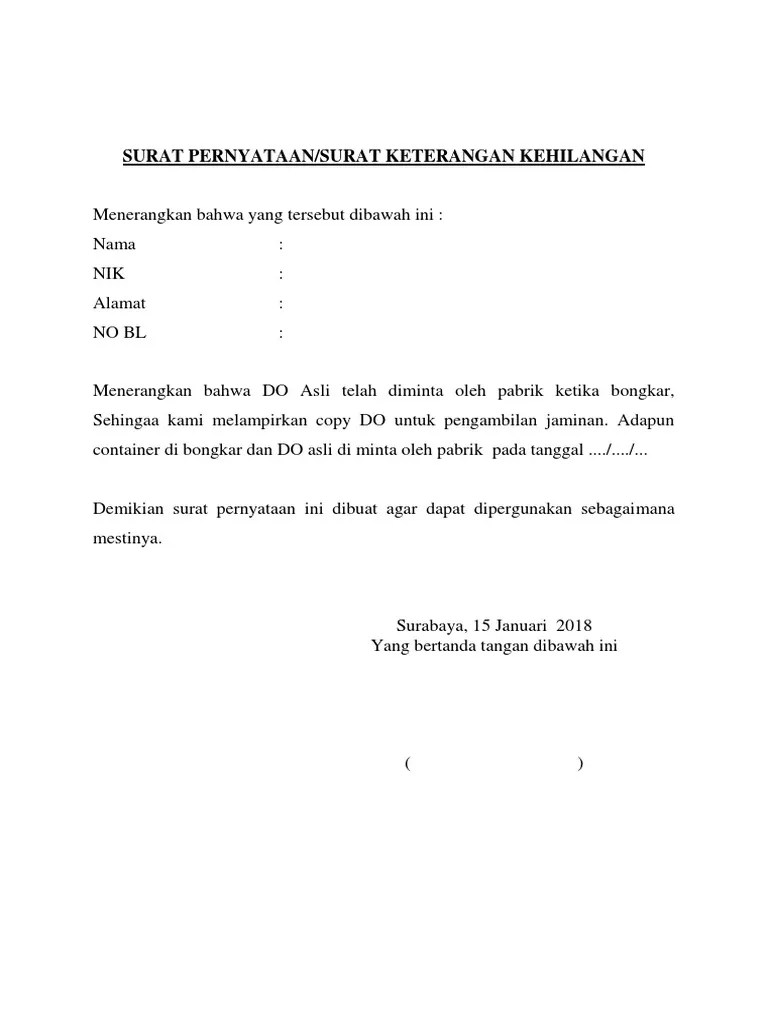 Surat Pernyataan Kehilangan Do | PDF