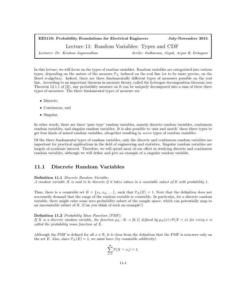 Lecture11 Part Two Types Of Random Variables | PDF | Probability ...