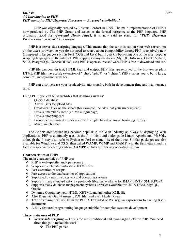 Unit-Iv PHP 4.0 Introduction To PHP PHP Stands For PHP Hypertext ...