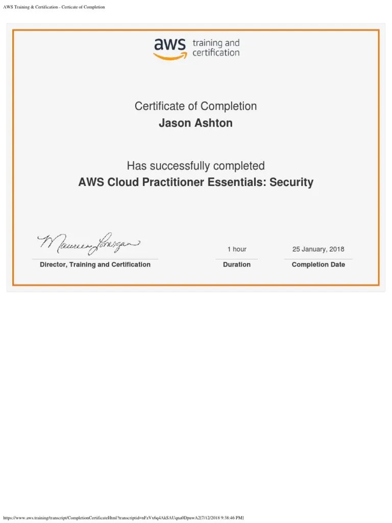 Aws Training Cloud Practitioner Essentials - Security - Certicate Of Completion | PDF | Business ...