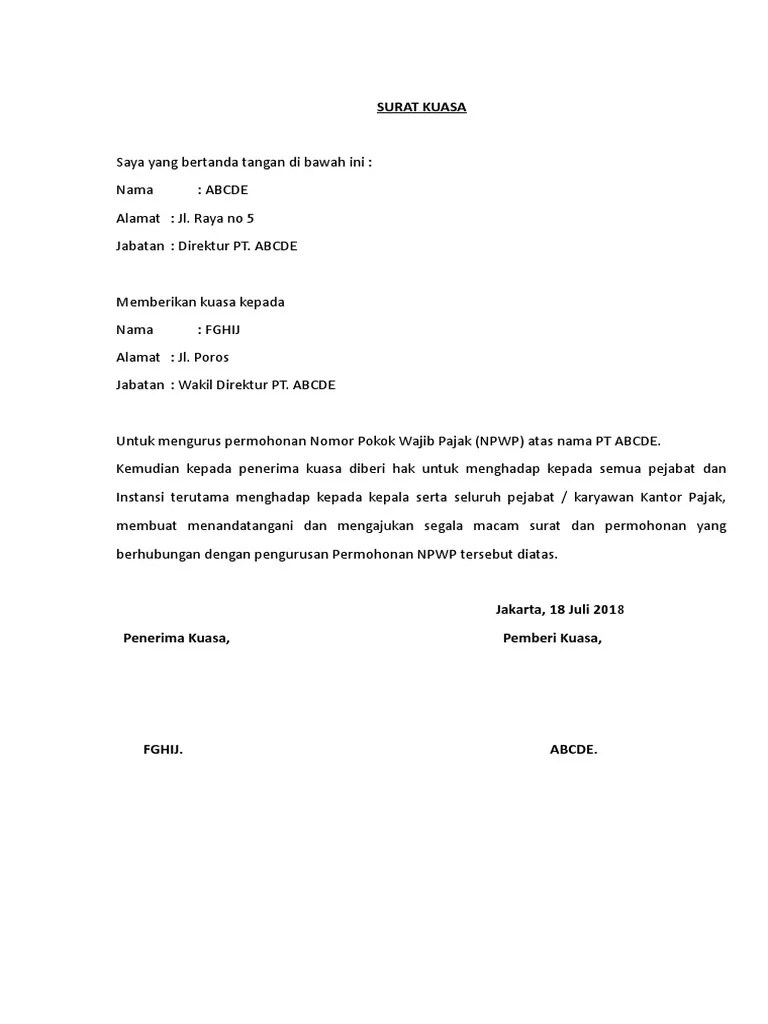 Doc contoh surat keberatan yang memenuhi persyaratan formal. Surat Kuasa Pembuatan Npwp Pdf