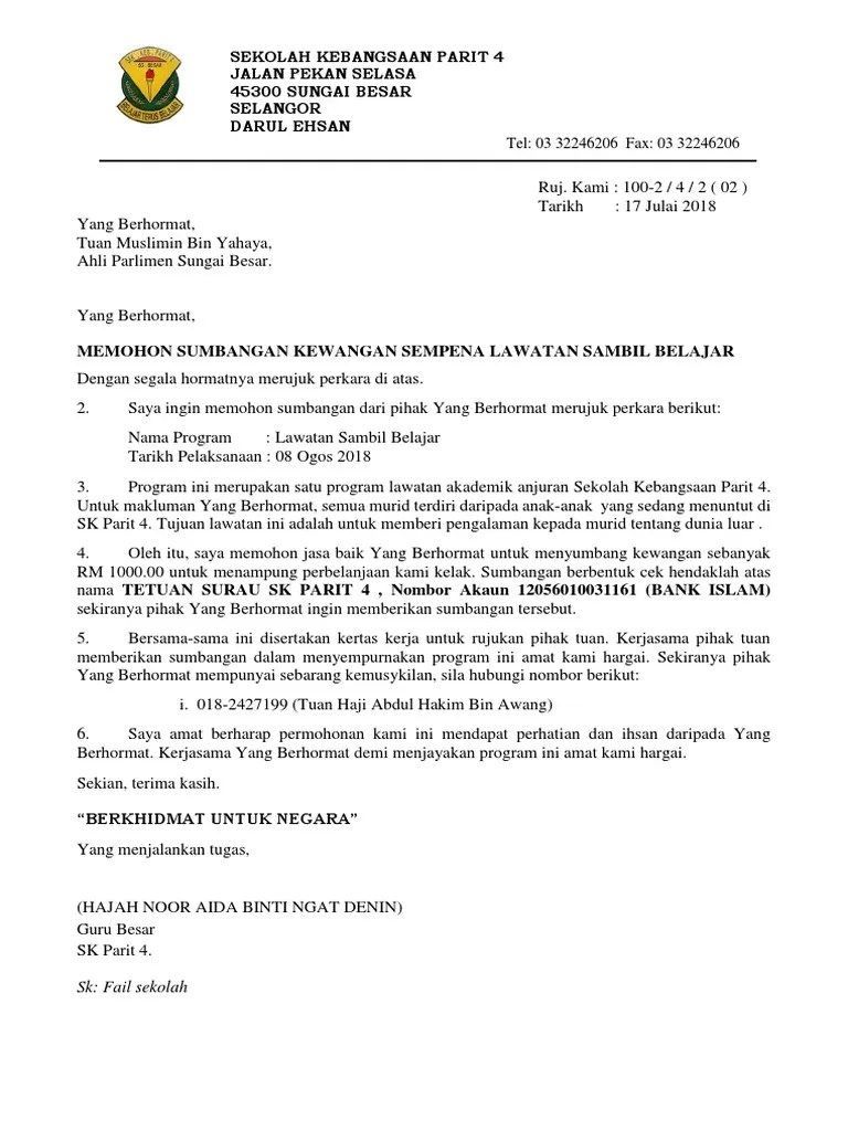Guru penolong kanan pentadbiran, sekolah . Dokumen Tips Surat Mohon Sumbangan Yb Pdf