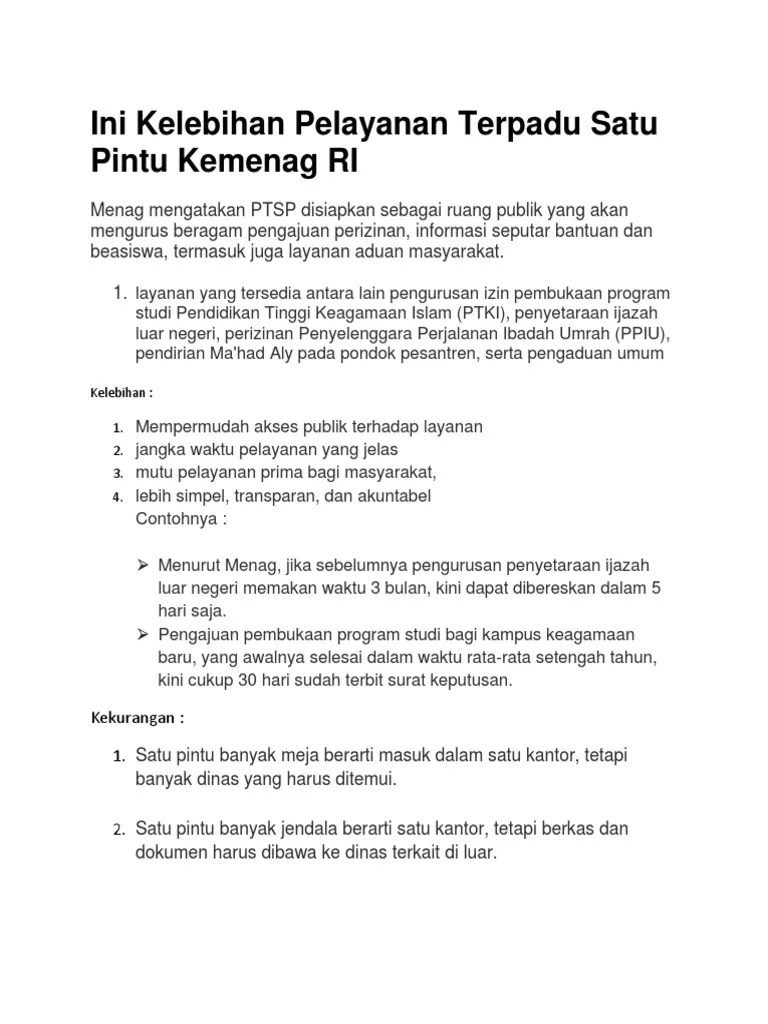 Ini Kelebihan Pelayanan Terpadu Satu Pintu Kemenag RI | PDF