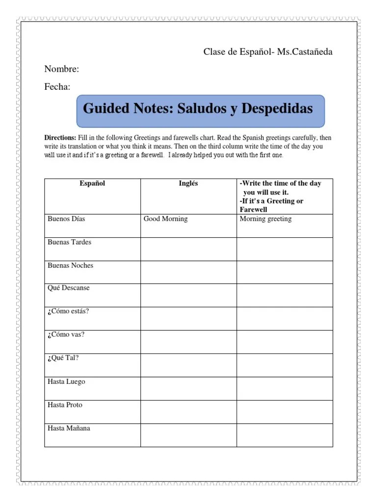 I can understand written material about greetings. Guided Notes Unit Saludos Y Despedidas Pdf Communication Human Communication