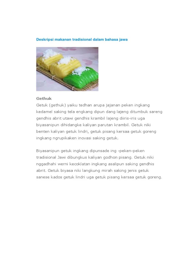 teks deskripsi bahasa jawa dadar gulung dadar gulung dadar gulung iku salah sijine panganan tradisional saking jawa. Deskripsi Makanan Tradisional Dalam Bahasa Jawa