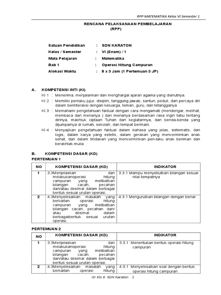 Cara menyelesaikan soal cerita yang menggunakan operasi hitung campuran. Rpp Mtk Kelas 6 Pdf