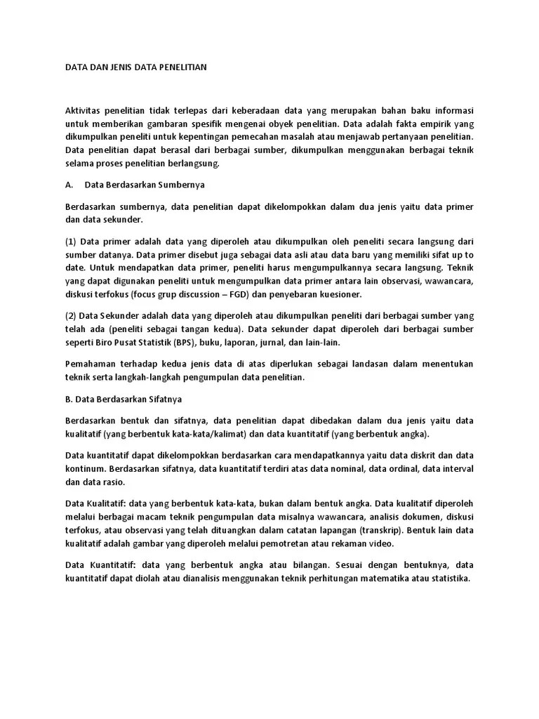 Variabel berasal dari data primer. Data Dan Jenis Data Penelitian Pdf