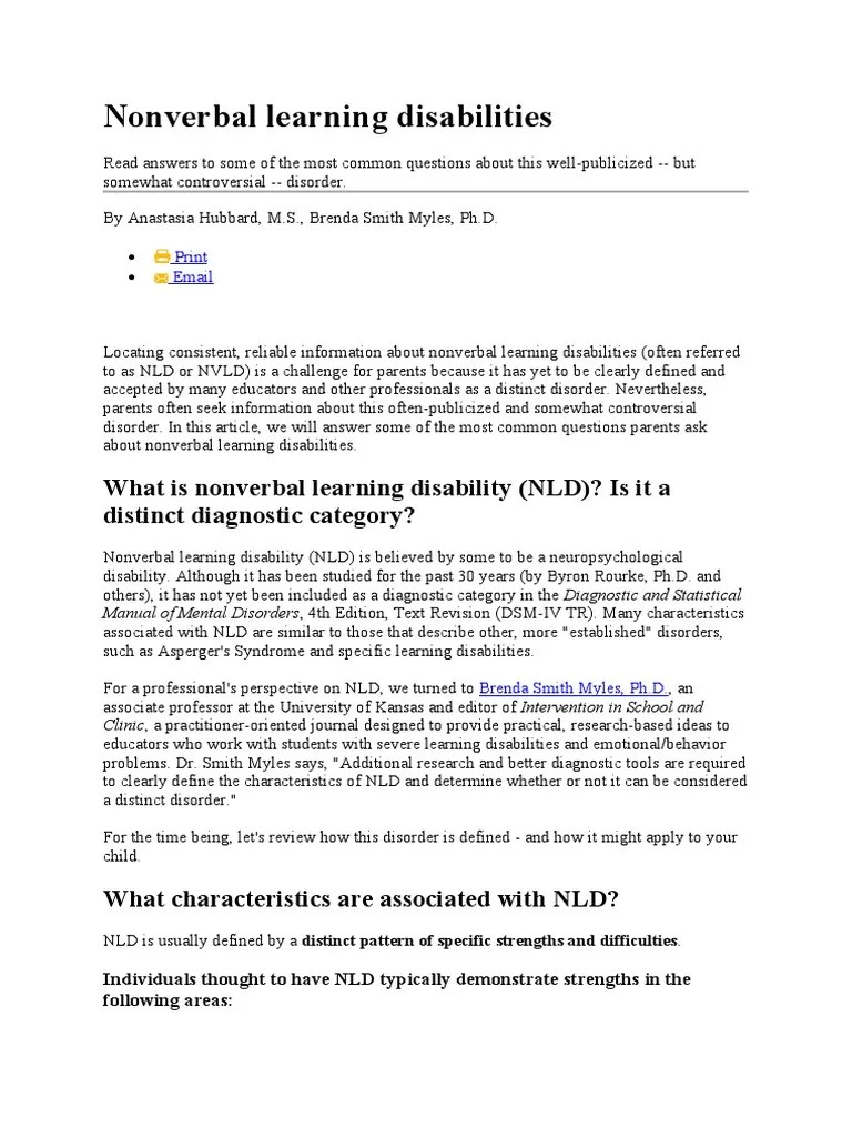 Nonverbal Learning Disabilities | PDF | Learning Disability | Mental ...