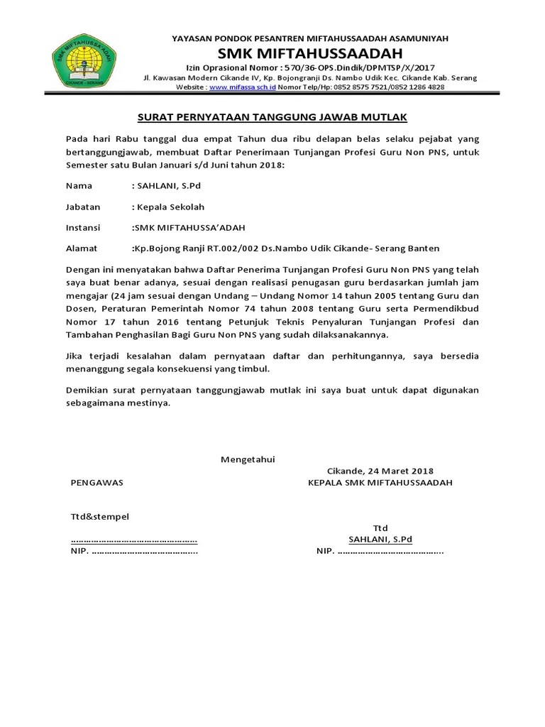 Contoh Surat Pernyataan Tanggung Jawab Mutlak Tunjangan Profesi Guru SURAT PERNYATAAN TANGGUNG JAWAB MUTLAK SPTJM.