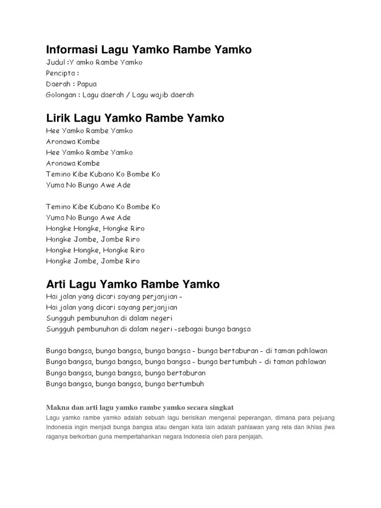 Lagu Hey Yamko Rambe Yamko Berasal Dari Daerah