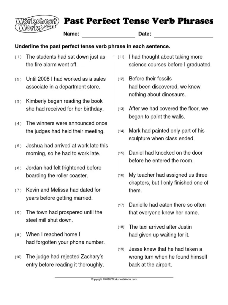 worksheet works past perfect tense verb phrases 1