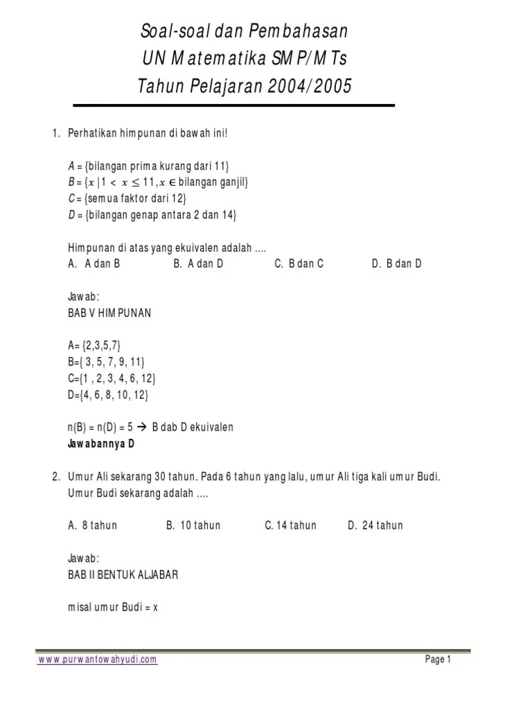 Artikel ini menyajikan beberapa latihan soal matematika unbk smp tahun 2019. Soal Soal Dan Pembahasan Un Matematika Smp 2005 Pdf