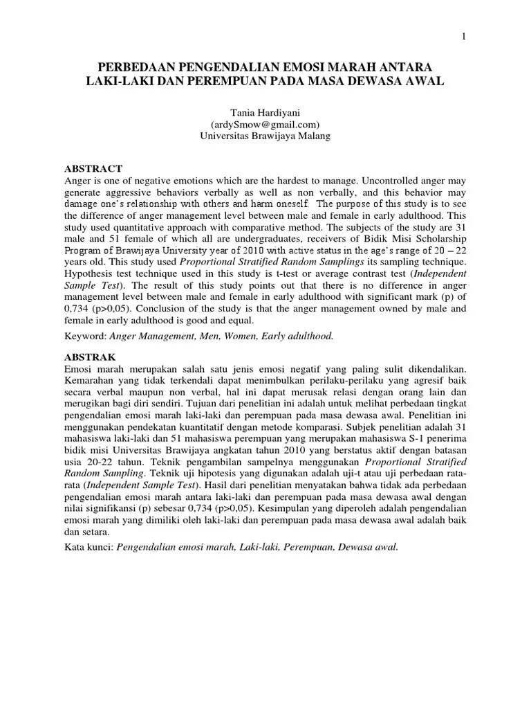 Perbedaan Pengendalian Emosi Marah Antara Laki Laki Dan Perempuan Pada Masa  Dewasa Awal Oleh Tani | PDF