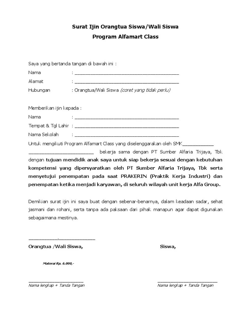 Semoga ulasan dan contoh format yang kami lampirkan diatas dapat bermanfaat untuk keperluan anda semua. Contoh Surat Izin Orang Tua Untuk Bekerja Di Alfamart Contoh Lif Co Id
