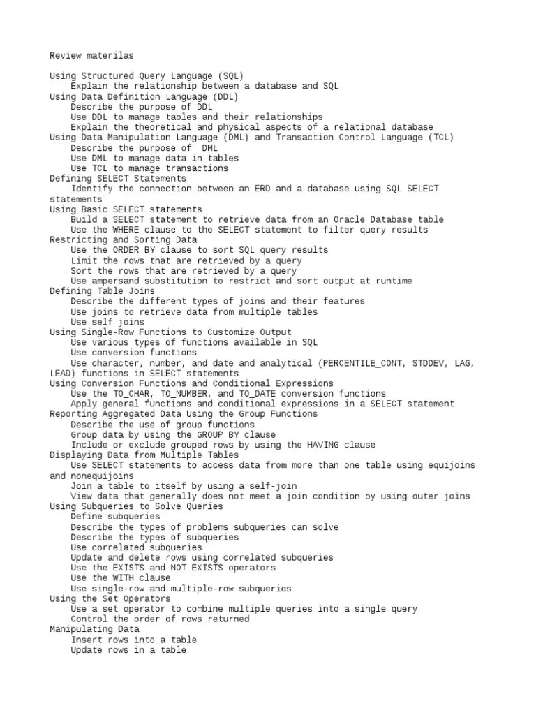 Oracle Database SQL 1Z0-071 Review Materilas | PDF | Sql | Database Index