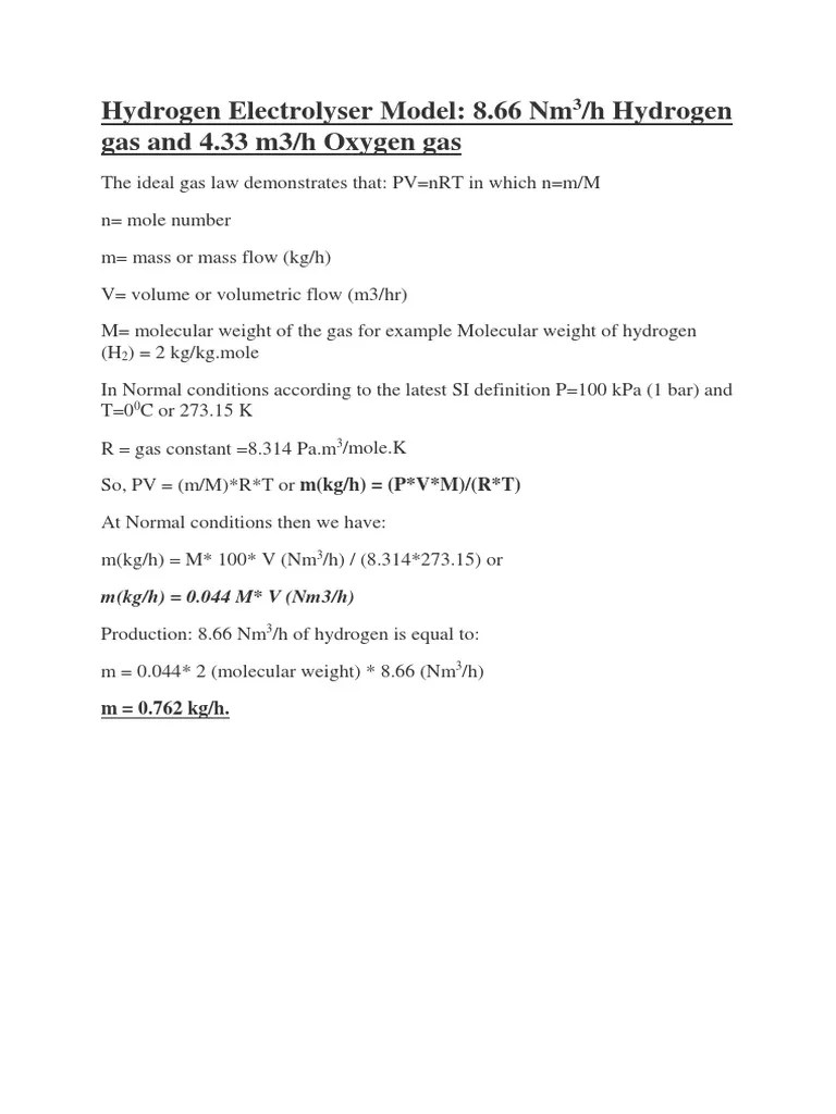 Conversion From Nm3/h To Kg/h For Hydrogen Gas From An Electrolyzer | Gases  | Hydrogen