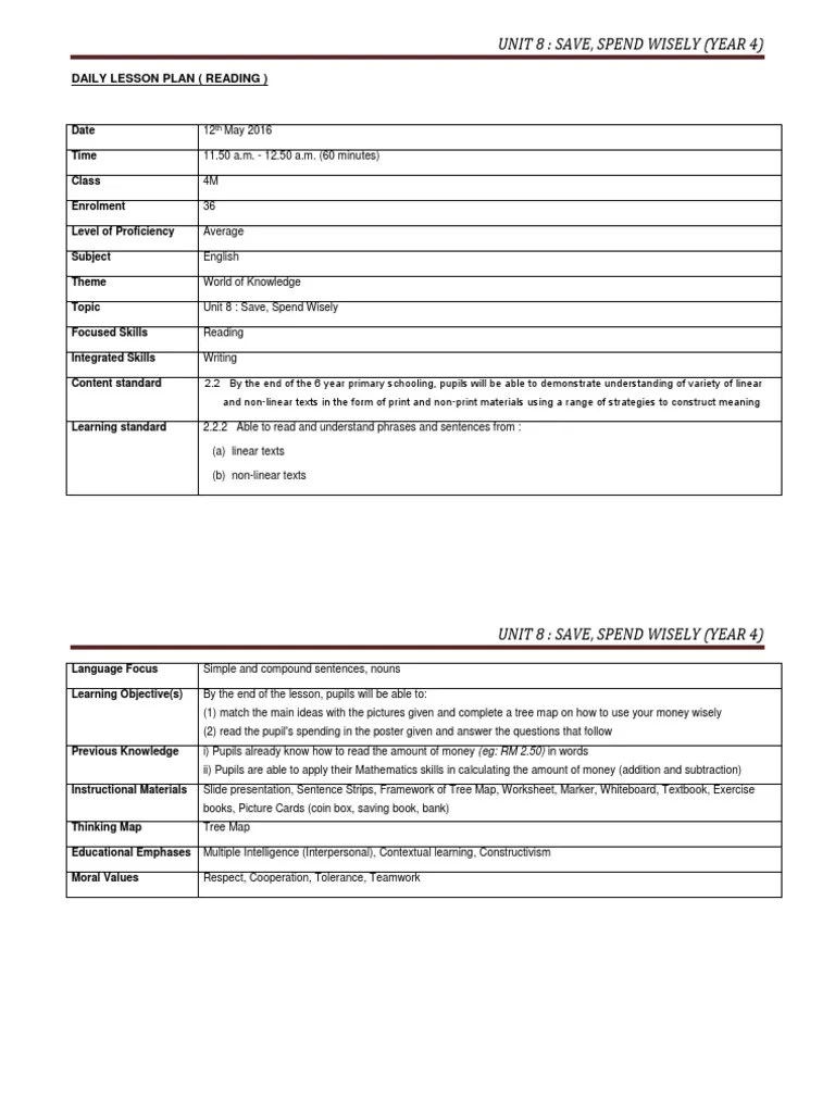 Unit 8: Save, Spend Wisely (Year 4) : Daily Lesson Plan (Reading ...
