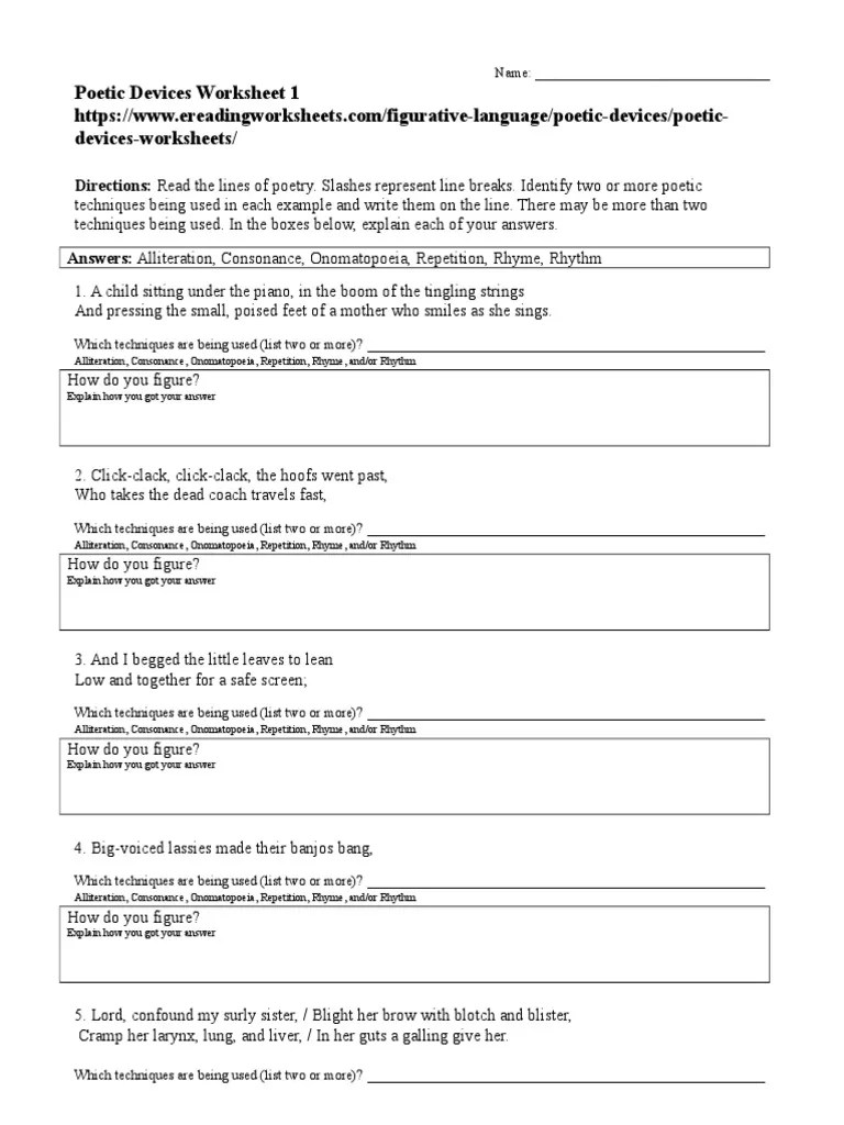 poetic devices worksheet 01 pdf rhyme poetry