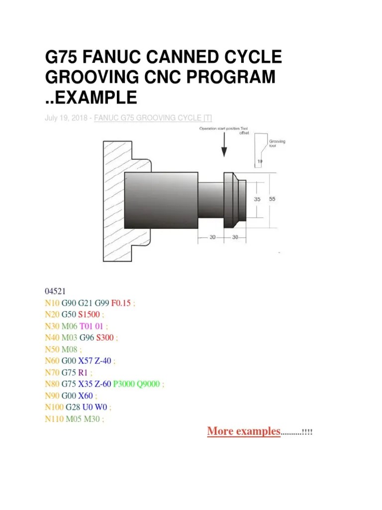G75 Fanuc Canned Cycle Grooving CNC Program | PDF | Numerical Control | Tools