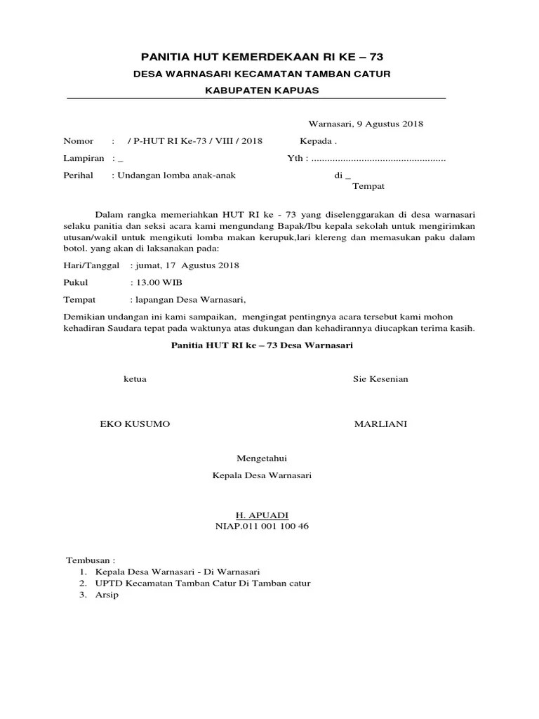 Xx akan mengadakan kegiatan semarak perlombaan 17 agustus 2019 dengan berbagai macam kegiatan perlombaan untuk . Undangan Hut Ri Ke 73 Lomba Anak2 Pdf