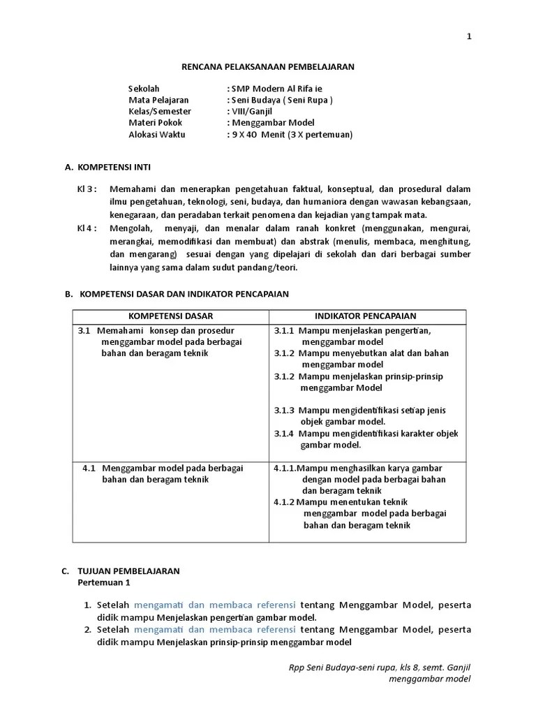 RPP Seni Rupa Kelas 8 k13 Bab 1 Tahun 2018 | PDF