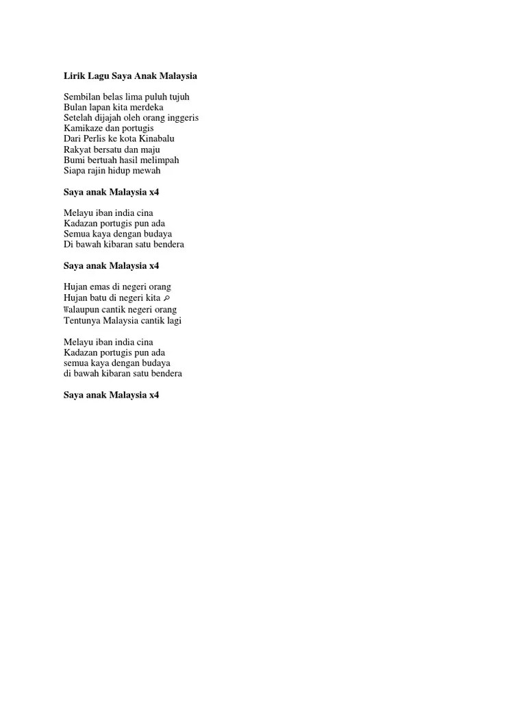 Lirik lagu saya anak malaysia. Saya Anak Malaysia Pdf