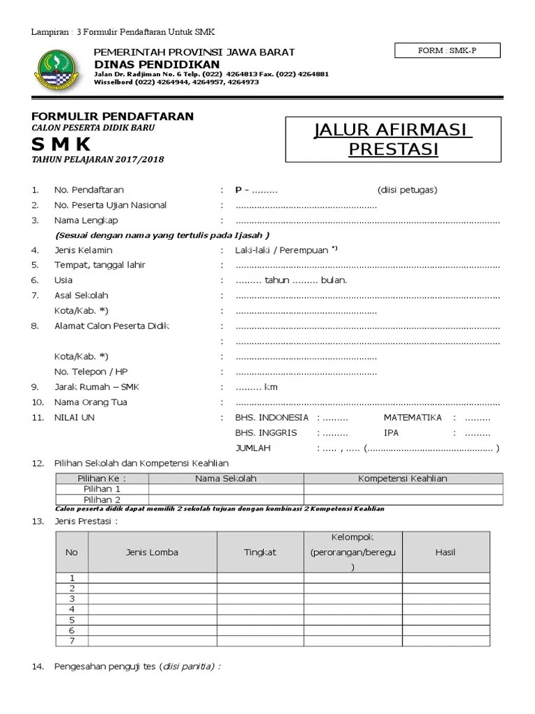 Formulir Pendaftaran Siswa Baru Smk Doc Nomor Induk Sekolah Nasional.