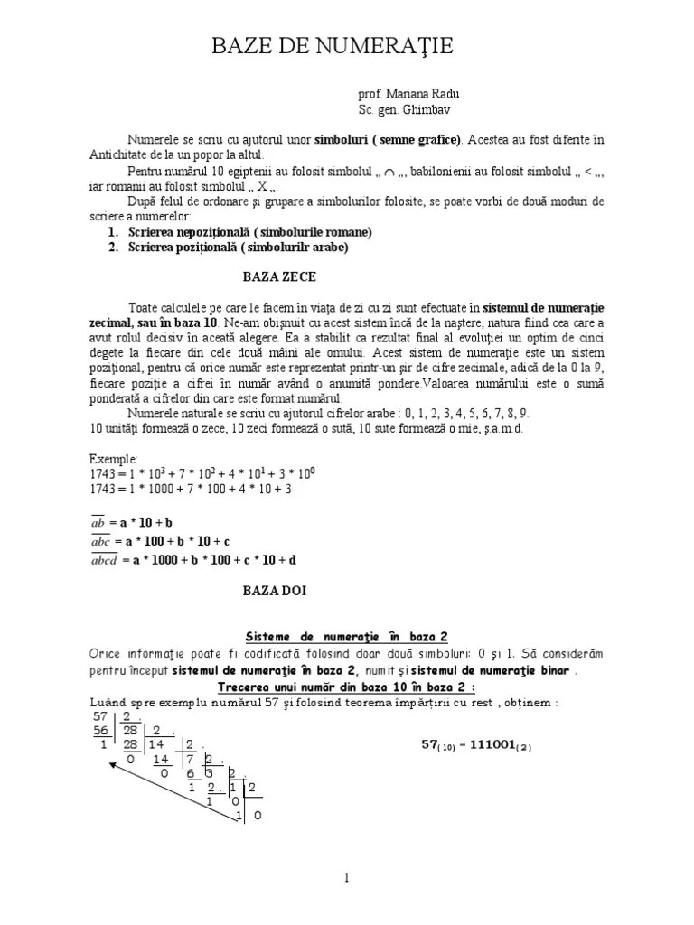 Orice număr în baza 10 poate fi descompus. Sisteme De Numeratie Pdf