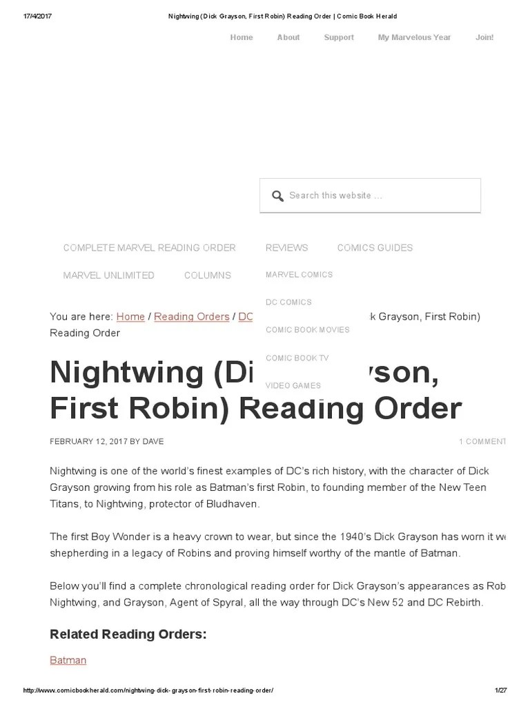 Nightwing (Dick Grayson, First Robin) Reading Order - Comic Book Herald | PDF | Batman | Dc ...