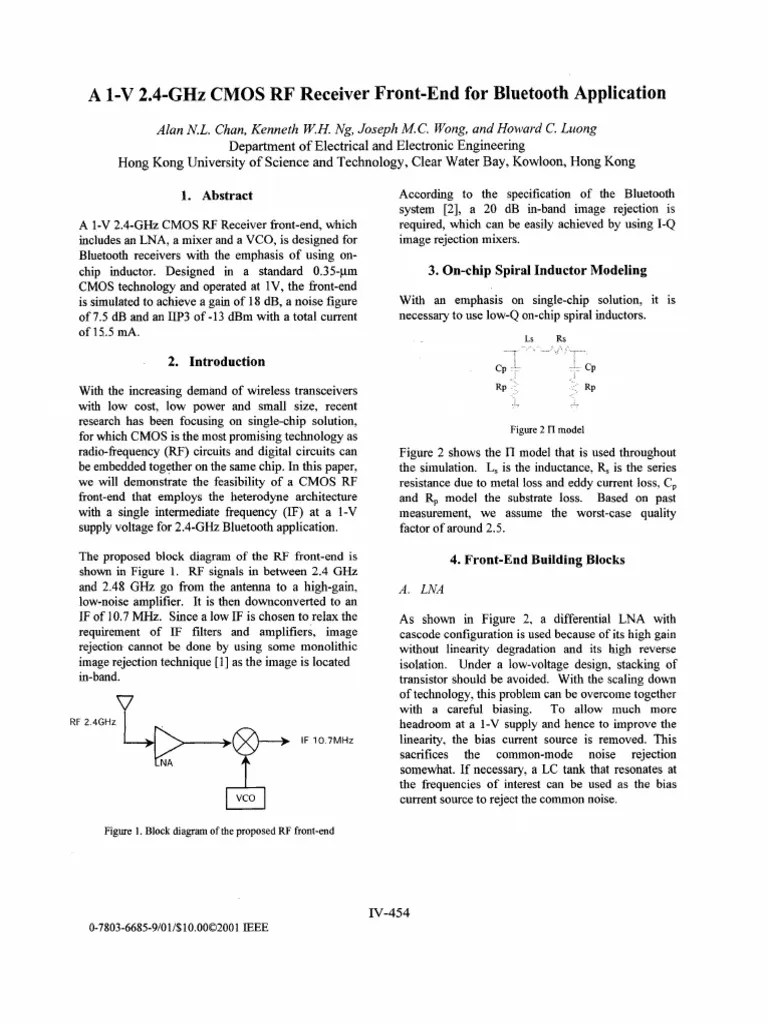2.4-Ghz RF Receiver Front-End For Bluetooth Application: A 1-V Cmos ...