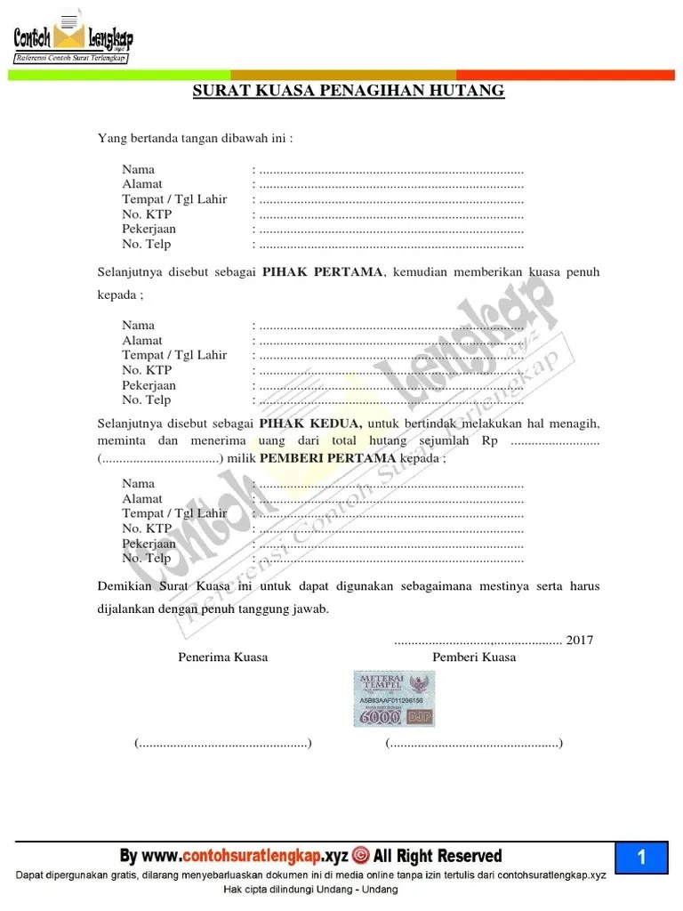 Contoh Surat Kuasa Penagihan Hutang Perorangan | PDF