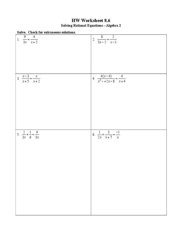 HW - Solving Rational Equations - Practice 8.6 | PDF