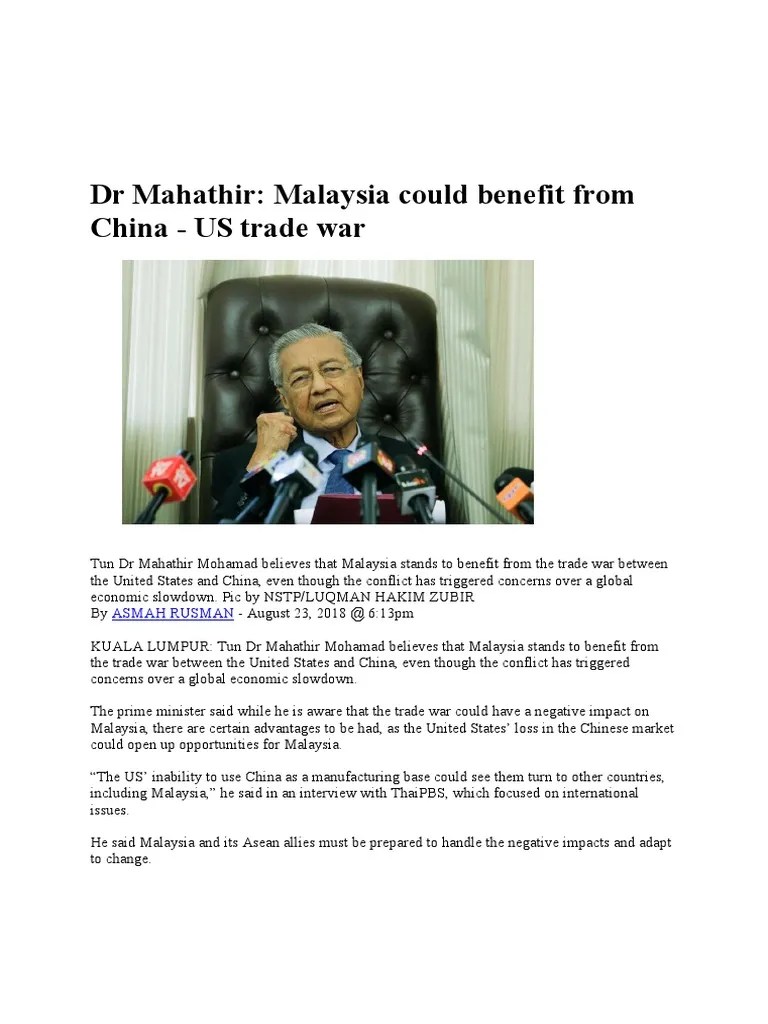 DR Mahathir: Malaysia Could Benefit From China - US Trade War | PDF | Malaysia | Association Of ...