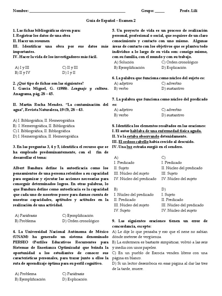 Guía Examen 2 Comipems 2018 | PDF | Asunto (gramática) | Predicado (Gramática)