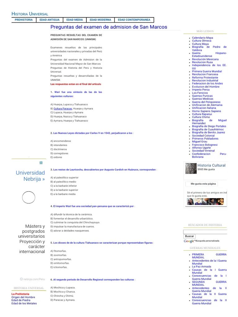 Preguntas Del Examen De Admision De San Marcos Historia Universal PDF | PDF | Imperio Inca ...