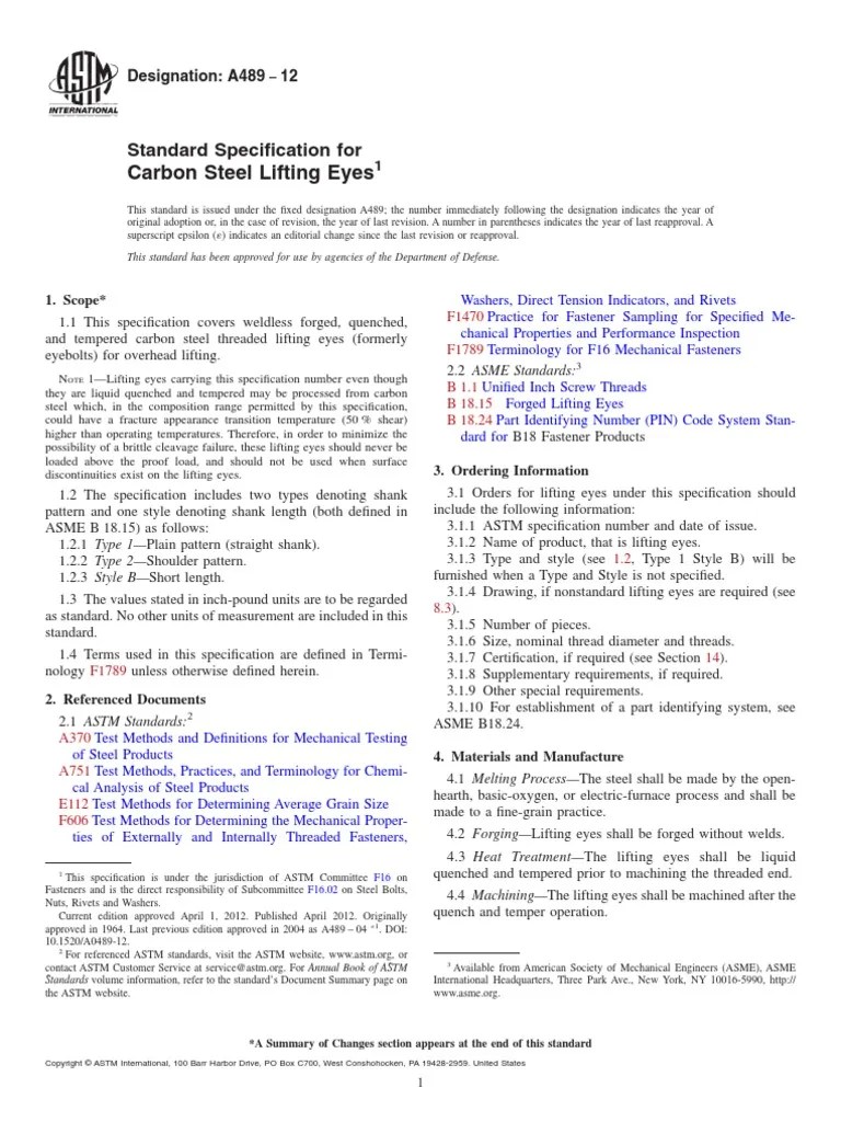 A489 12 Standard Specification For Carbon Steel Lifting Eyes
