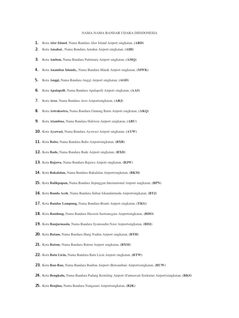 Singkatan Kode Kota Dan Bandara Penerbangan Di Indonesia | PDF