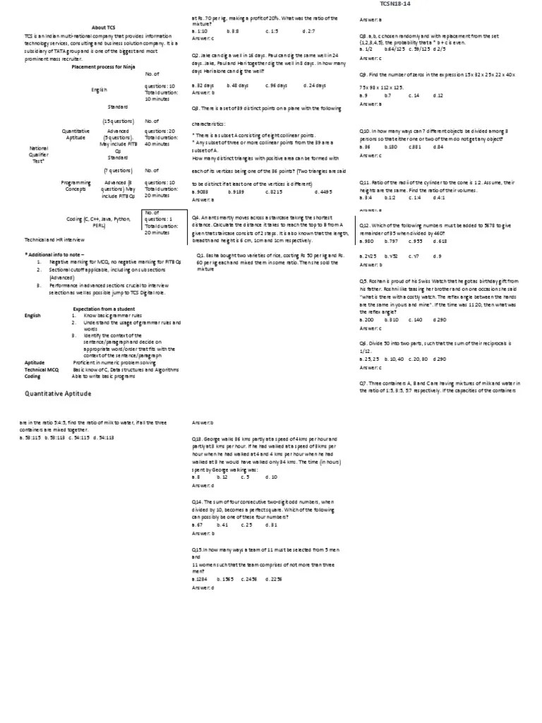 TCS Ninja Most Repeated Questions From Past Years | Download Free PDF ...