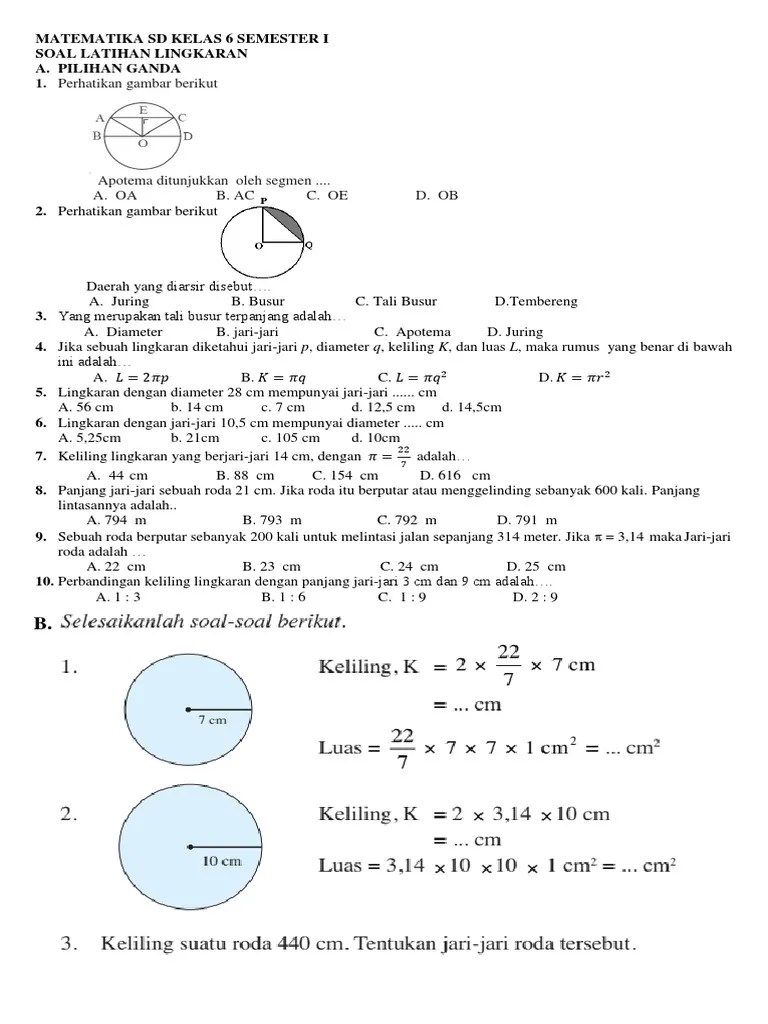 Bank soal sd kelas 6 semester 1 matematika. Matematika Sd Kelas 6 Semester I Soal Lingkaran Pdf