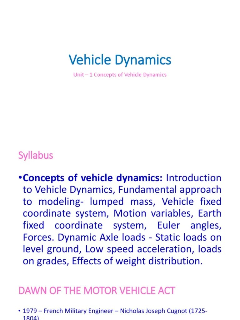 Unit - 1 Concepts Of Vehicle Dynamics | PDF