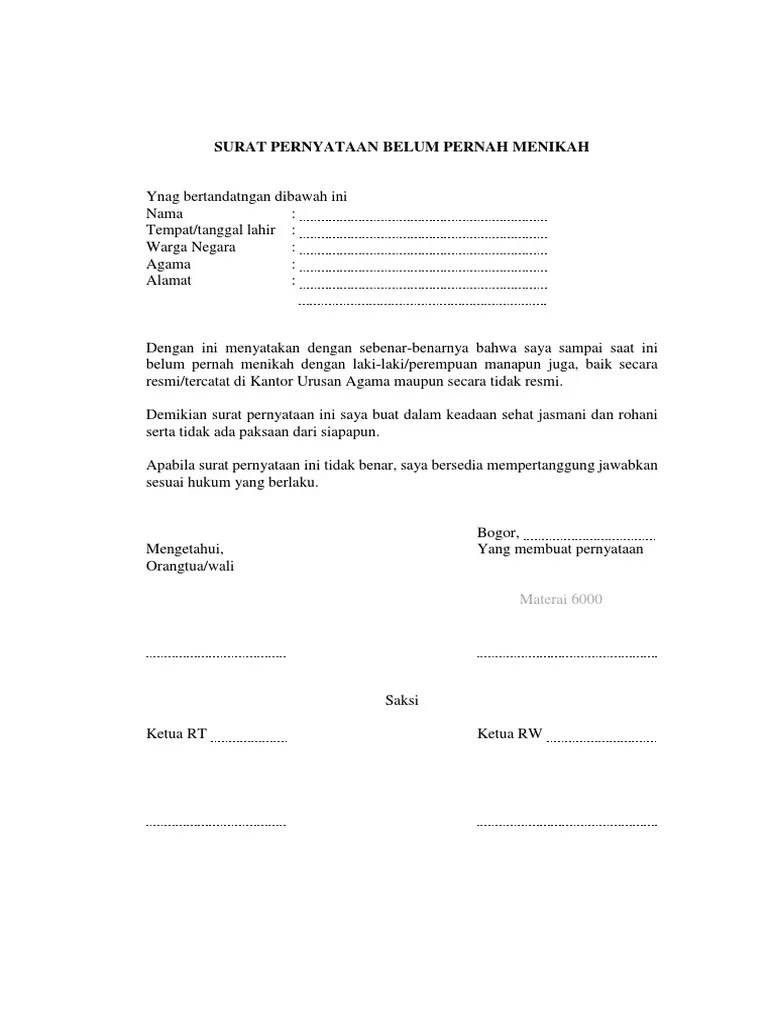 Surat Pernyataan Belum Pernah Menikah | PDF