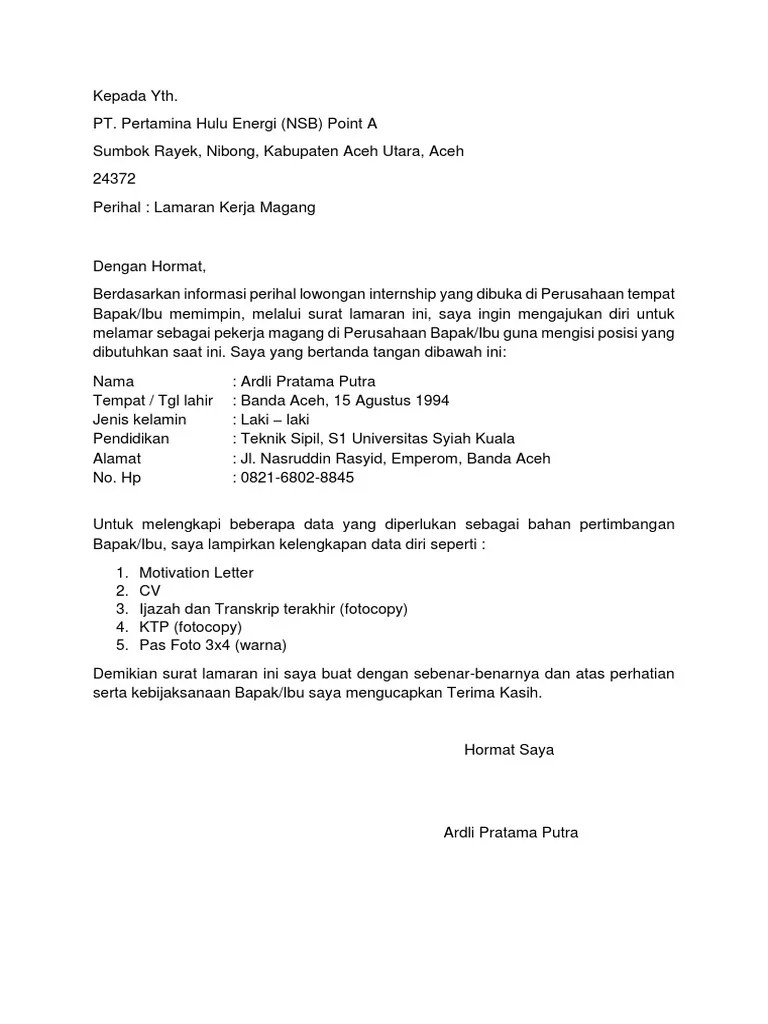 Surat permohonan izin praktek kerja lapangan hal : Contoh Surat Lamaran Pertamina Pdf