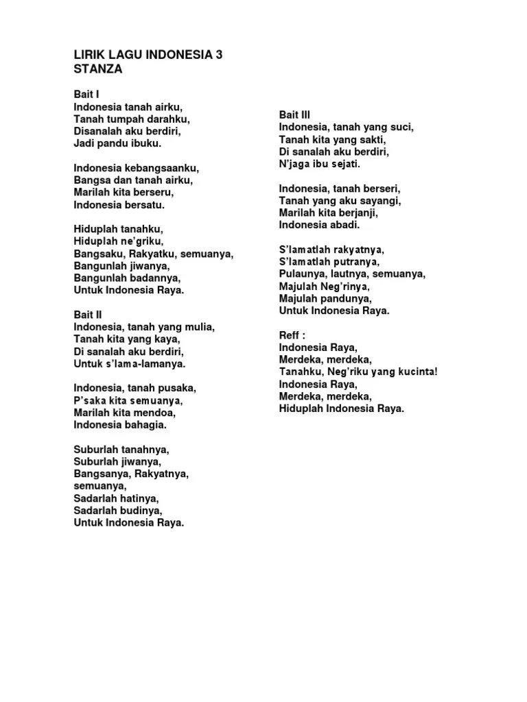 Lirik Lagu Indonesia Raya Stanza 1 2 3 Mp3