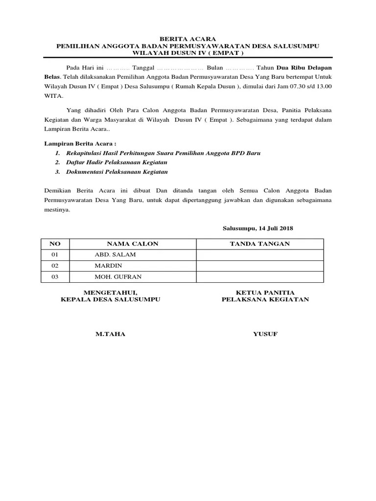 Download formulir pendaftaran calon bpd / contoh surat permohonan mendaftar perangkat desa desa putatgede.download formulir pendaftaran calon kepala desa dalam pilkades (format pdf) cek : Berita Acara Pemilihan Bpd