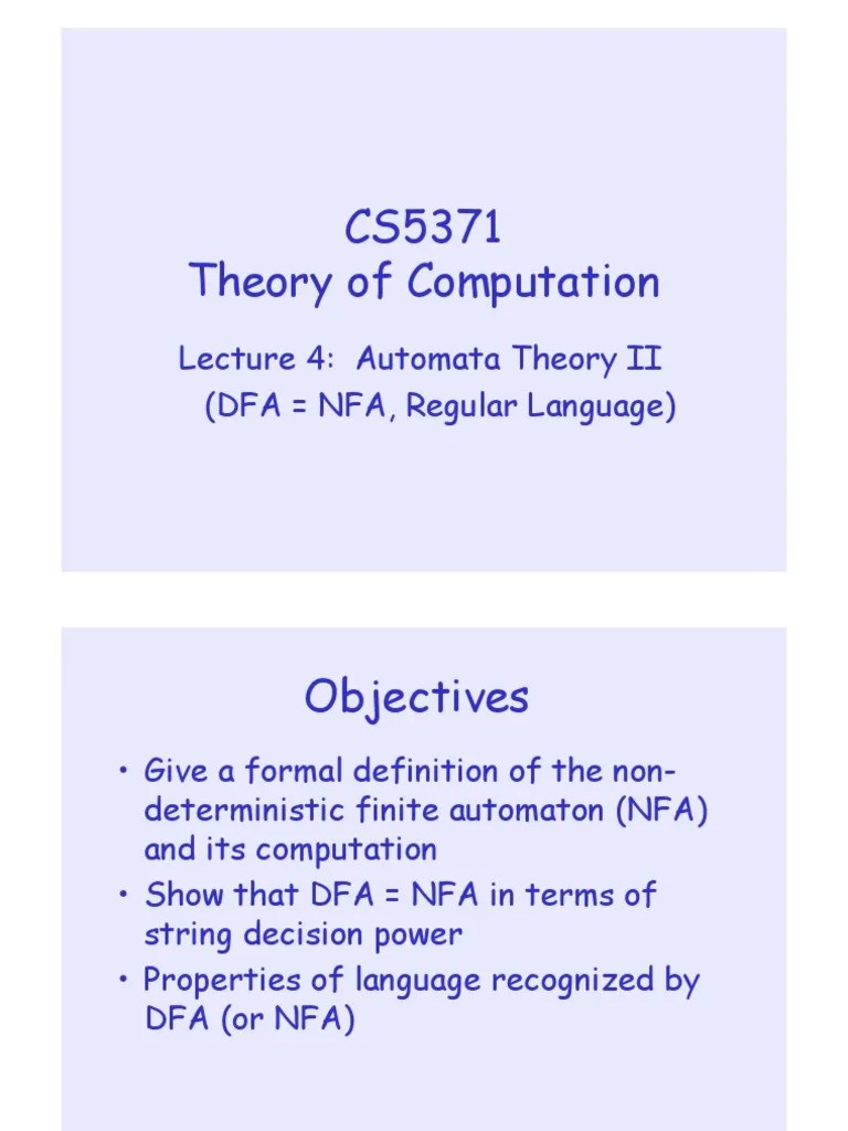 CS5371 Theory Of Computation: Lecture 4: Automata Theory II (DFA NFA ...